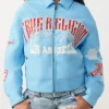 Branded Blue Faux Leather Varsity Jacket