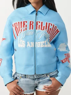 Branded Blue Faux Leather Varsity Jacket