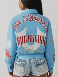 Branded Blue Leather Varsity Jacket For Sale