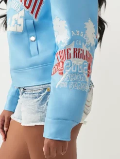 Branded Faux Leather Blue Varsity Jacket