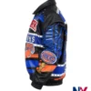 Close-up of JH Design Navy-Orange New York Knicks 2026 NBA Finals Champions Swarovski Crystal Leather Jacket
