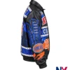 Close view of New York Knicks JH Design Navy-Orange 2026 NBA Finals Champions Swarovski Crystal Leather Jacket