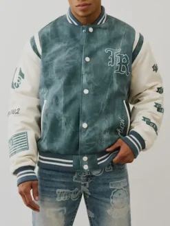 Denim Print Retro Varsity Jacket