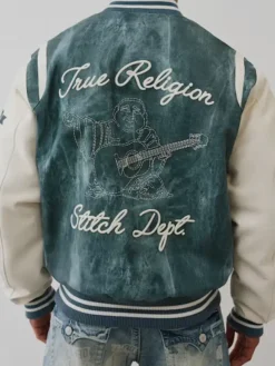 Denim Print Retro Varsity Jacket For Sale