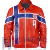 Erling Haaland Custom Norway Flag Red Leather Jacket front view with blue stripes design