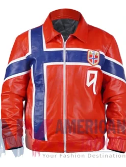 Erling Haaland Custom Norway Flag Red Leather Jacket front view with blue stripes design