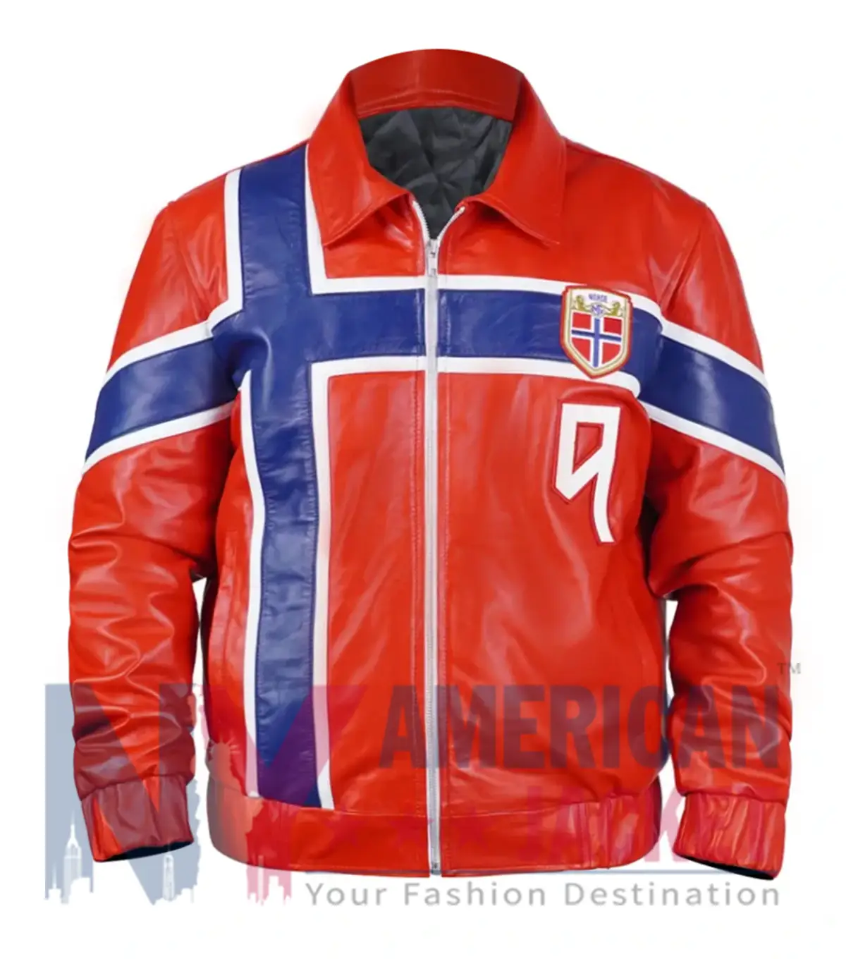 Erling Haaland Custom Norway Flag Red Leather Jacket front view with blue stripes design