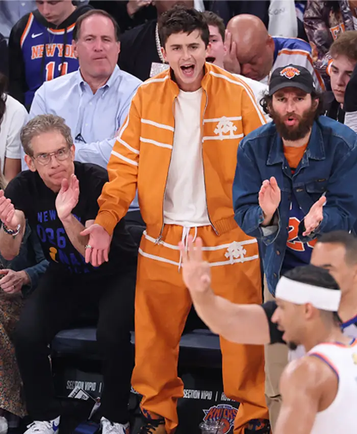 Game 3 Timothée Chalamet NBA Finals Orange Tracksuit