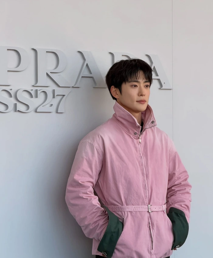 Jaehyun Prada SS27 Pink Belted Cotton Jacket | Jaehyun