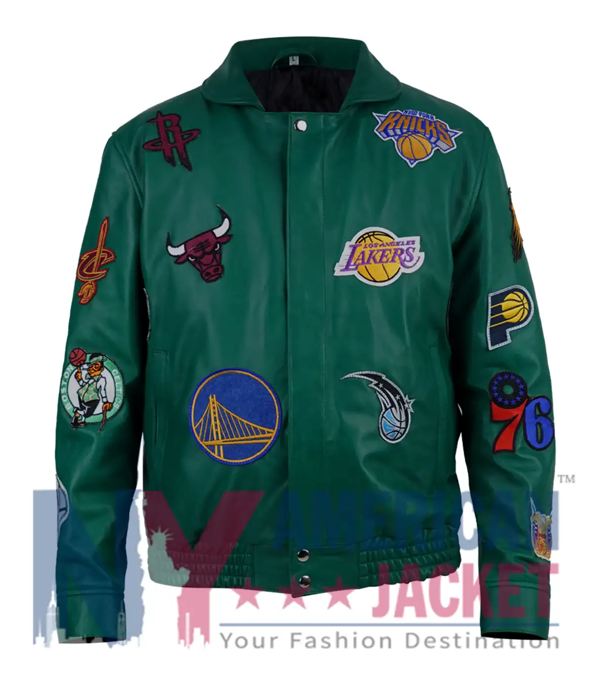 Jeff Hamilton NBA Teams Collage Green Leather Jacket