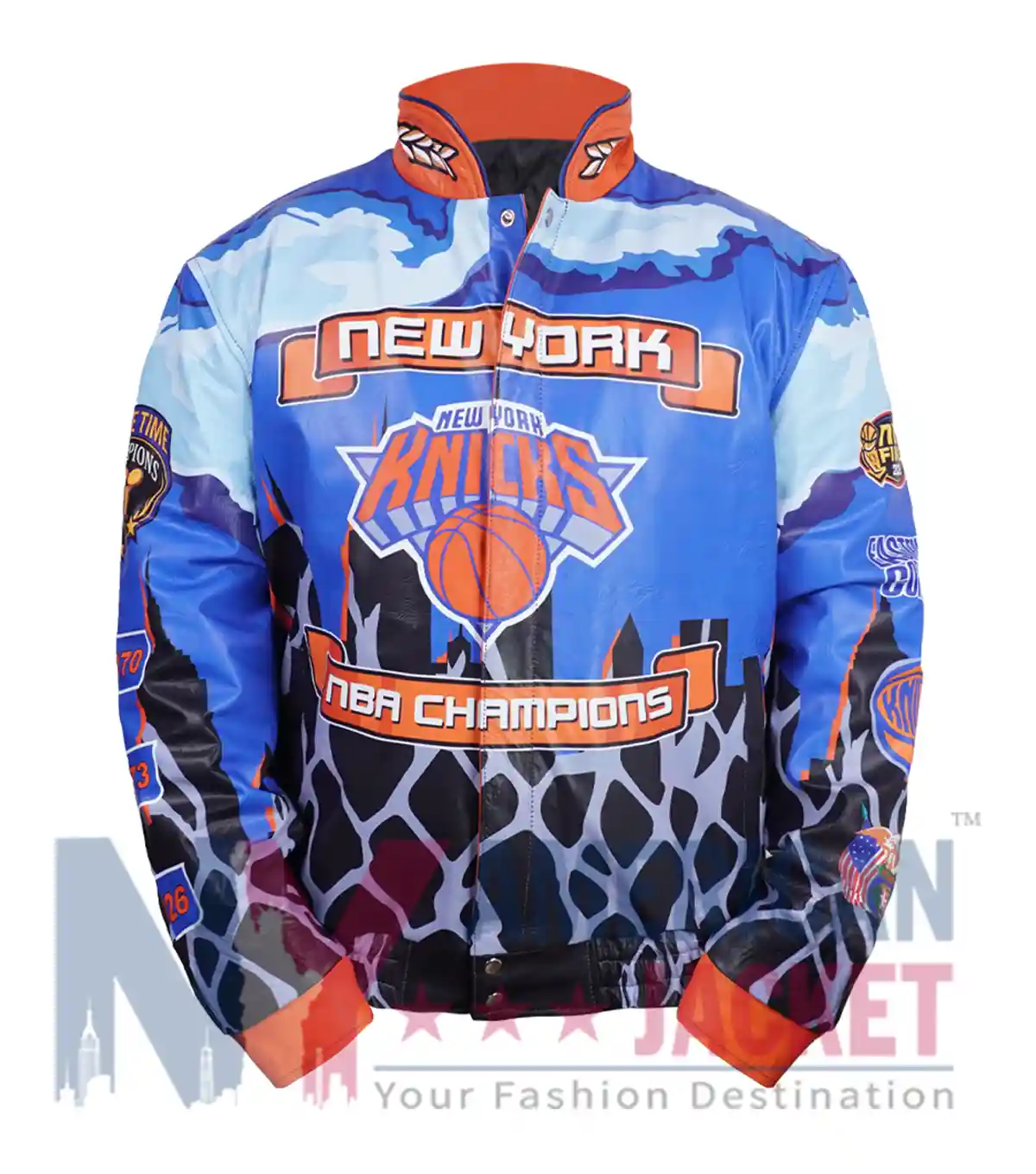 Jeff Hamilton New York Knicks NBA Champions Multicolor Leather Bomber Jacket front view