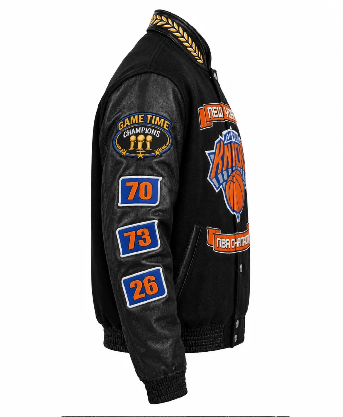 NY Knicks 2026 NBA Champions black wool and leather jacket