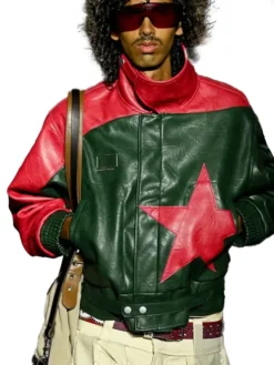 KidSuper SS27 Star Red And Green Leather Bomber Jacket