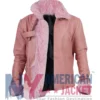 Leather Jacket With Pink Fur Front Open Hem With Fur Cuffs