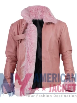 Leather Jacket With Pink Fur Front Open Hem With Fur Cuffs