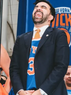 Mamdani NY Knicks Victory Parade 2026 Navy Blazer