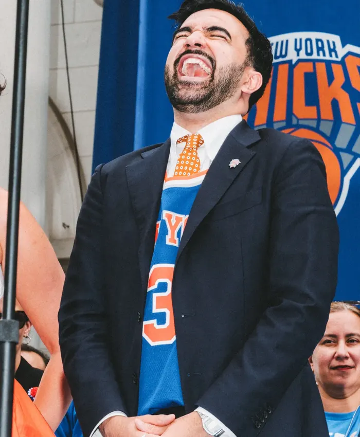 Mamdani NY Knicks Victory Parade 2026 Navy Blazer
