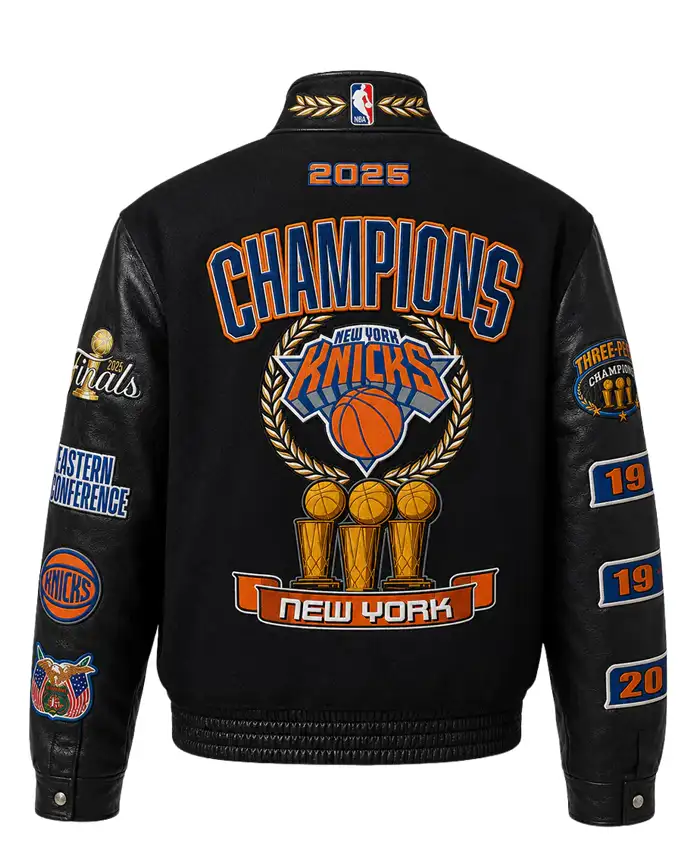 NY Knicks 2026 NBA Champions Black Wool & Leather Jacket
