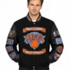 NY Knicks NBA Champions black jacket with PU leather sleeves
