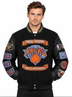 NY Knicks NBA Champions black jacket with PU leather sleeves