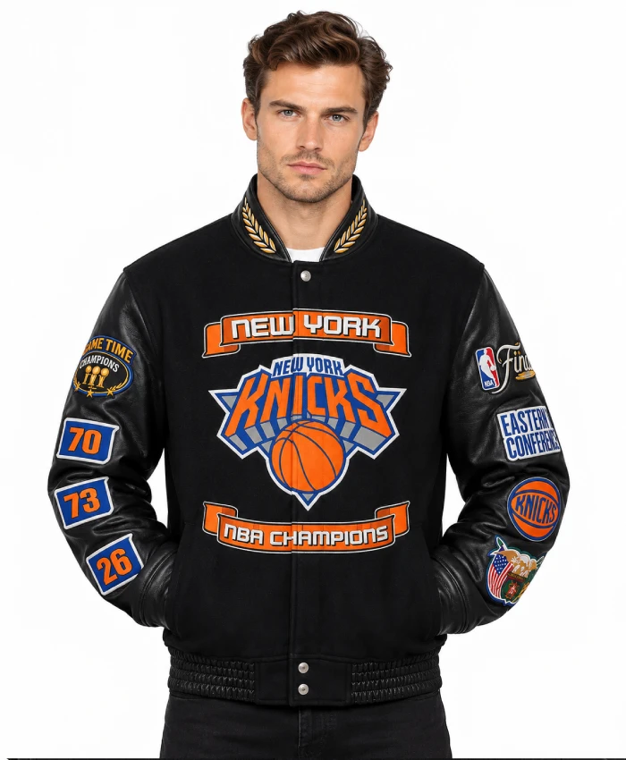 NY Knicks NBA Champions black jacket with PU leather sleeves