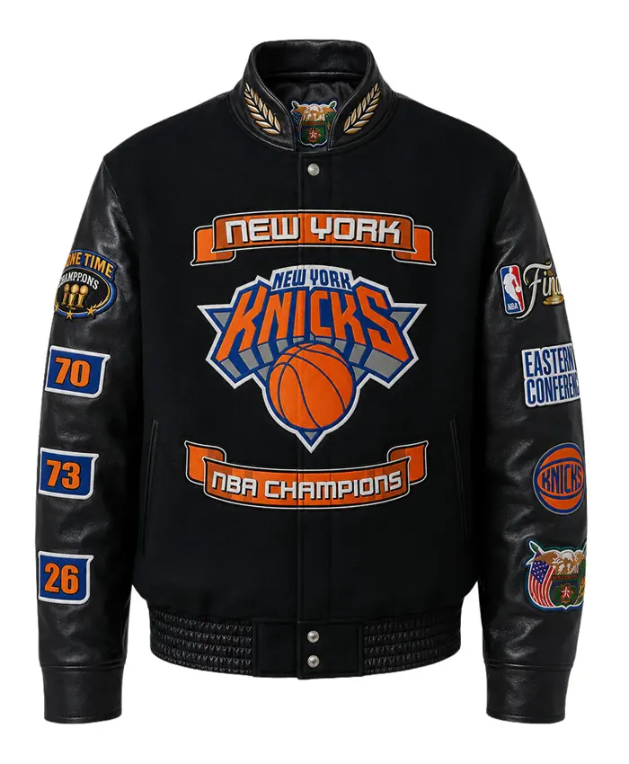 NY Knicks NBA Champions 2026 Black Wool & Leather Jacket