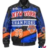 New York Knicks JH Design Navy-Orange NBA 2026 Finals Champions Swarovski Crystal Leather Jacket front view