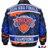 New York Knicks JH Design Navy-Orange NBA Finals Champions 2026 Swarovski Crystal Leather Jacket back view