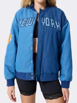 New York Knicks Terez Blue Denim Bomber Jacket Front