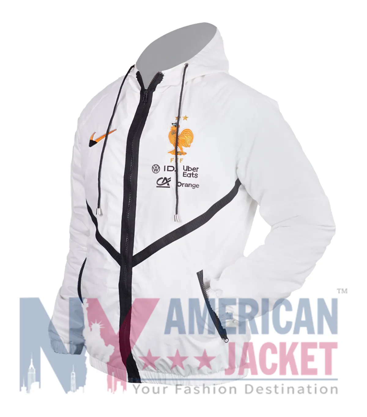 Nike France Anthem Ice Blue Jacket featuring hooded collar, elastic cuffs, and YKK zipper closure