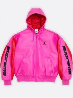Supreme X Jordan 2026 Pink Hooded Leather Jacket Front