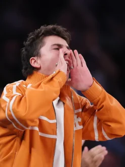 Timothée Chalamet Game 3 NBA Finals Orange Tracksuit