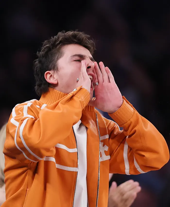 Timothée Chalamet Game 3 NBA Finals Orange Tracksuit