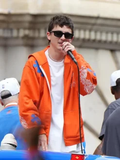 Timothee Chalamet Knicks 2026 Victory Parade Orange Jacket