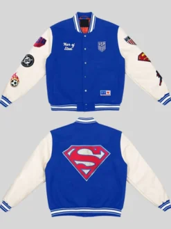 US Soccer x DC Superman Blue Varsity Jacket For Sale