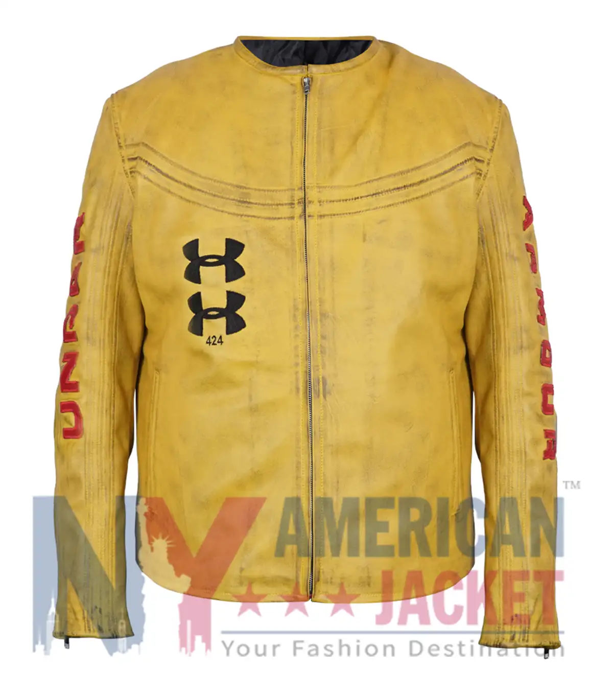 Under Armour x 424 Ferran Torres Yellow Real Leather Jacket front view with collarless design