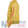 Yellow Under Armour x 424 Leather Jacket showcasing viscose lining, full sleeves, and two outside pockets
