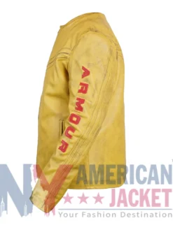 Yellow Under Armour x 424 Leather Jacket showcasing viscose lining, full sleeves, and two outside pockets