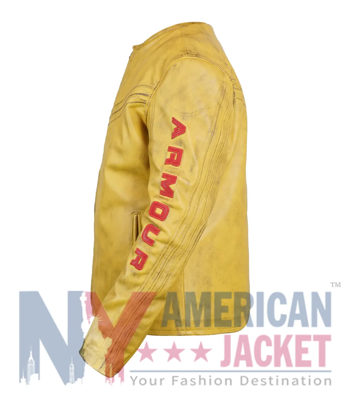 Yellow Under Armour x 424 Leather Jacket showcasing viscose lining, full sleeves, and two outside pockets