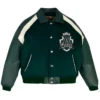 Aaron Pierre Custom Green Leather Varsity Jacket front view with wool and PU sleeves