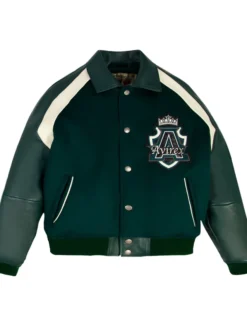 Aaron Pierre Custom Green Leather Varsity Jacket front view with wool and PU sleeves