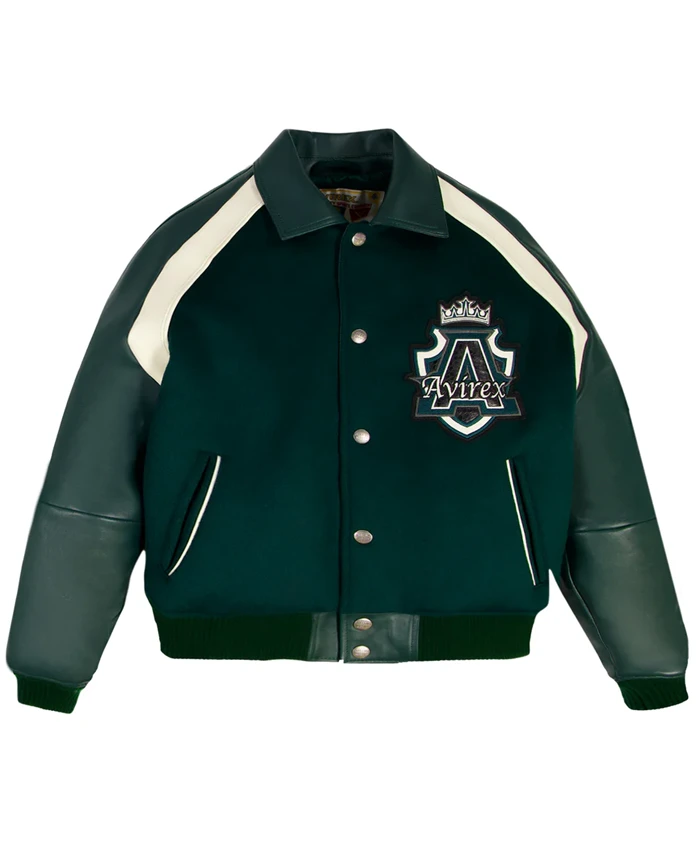 Aaron Pierre Custom Green Leather Varsity Jacket front view with wool and PU sleeves