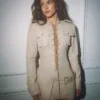 Adria Arjona Beige Lace-Up Front Placket Cotton Mini Dress front view