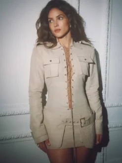 Adria Arjona Beige Lace-Up Front Placket Cotton Mini Dress front view