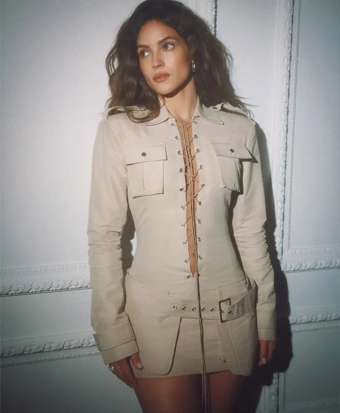 Adria Arjona Beige Lace-Up Front Placket Cotton Mini Dress front view