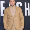 Alan Ritchson Reacher Premiere Night brown suit full front view in premium suiting fabric