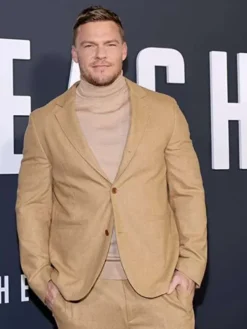 Alan Ritchson Reacher Premiere Night brown suit full front view in premium suiting fabric