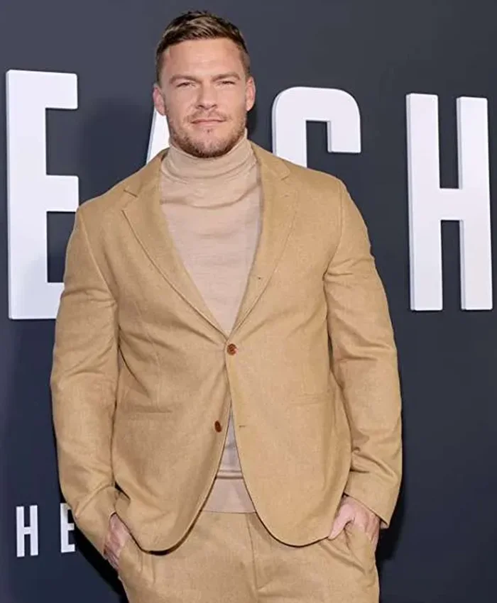 Alan Ritchson Reacher Premiere Night brown suit full front view in premium suiting fabric