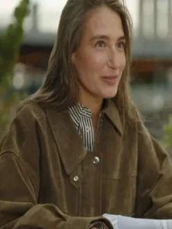 Amanda Batula Brown Suede Leather Jacket with classic collar and button zip closure