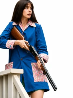 Anne Hathaway The End of Oak Street 2026 Floral Blue Coat